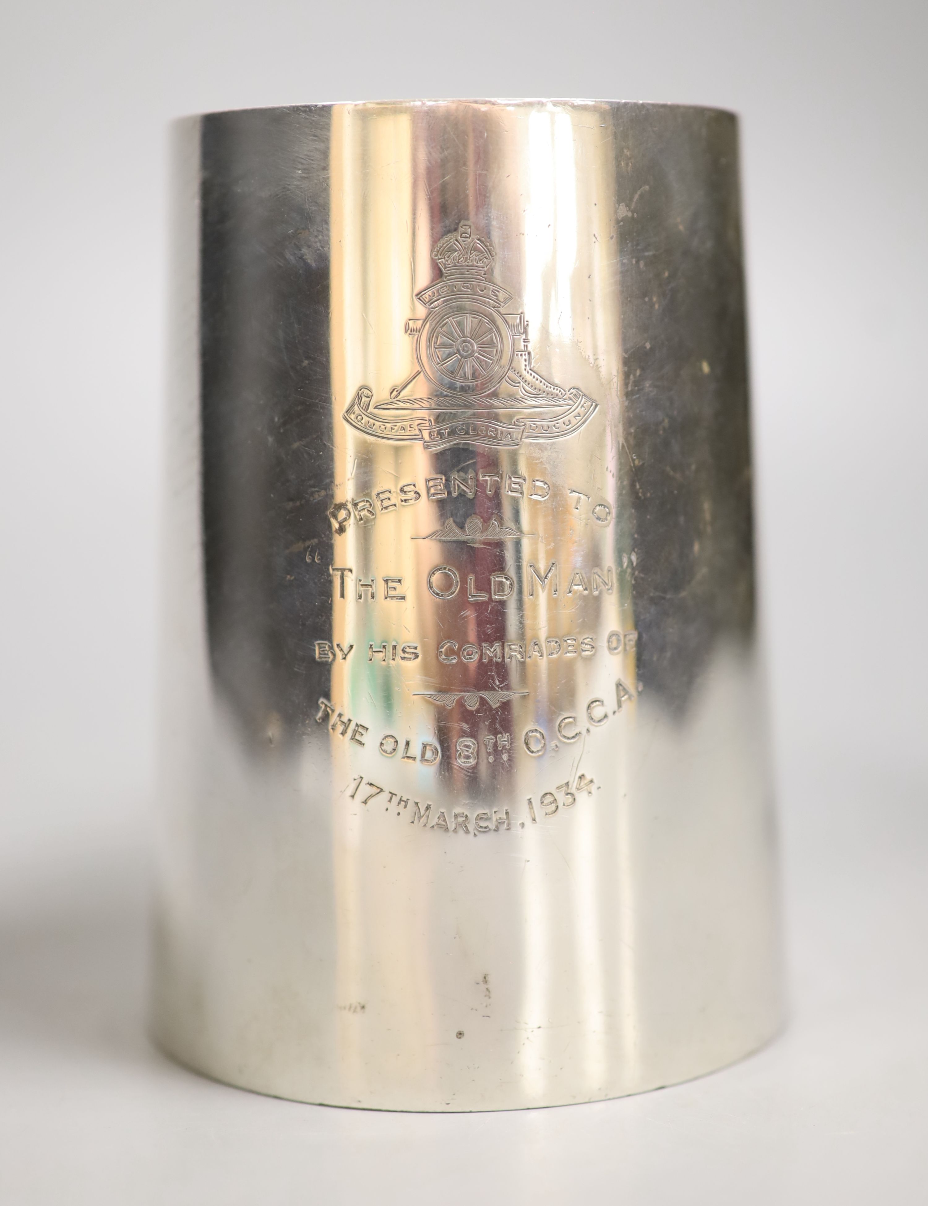 A George V silver pint mug by Atkins Bros, Sheffield, 1933, height 12.8 , 11.5oz.